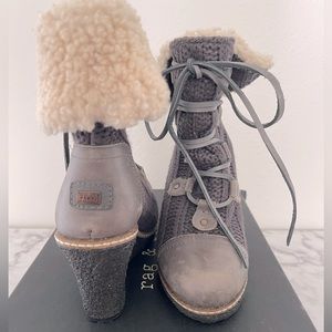 Grey Sherpa wedge LUXE booties leather exterior size 6 UNWORN
